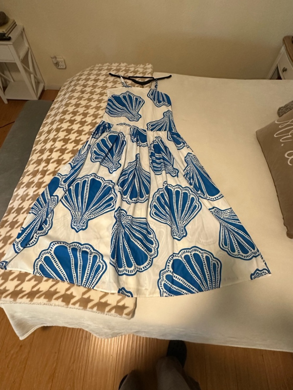 White Sundress with Bold Blue Seashell Print